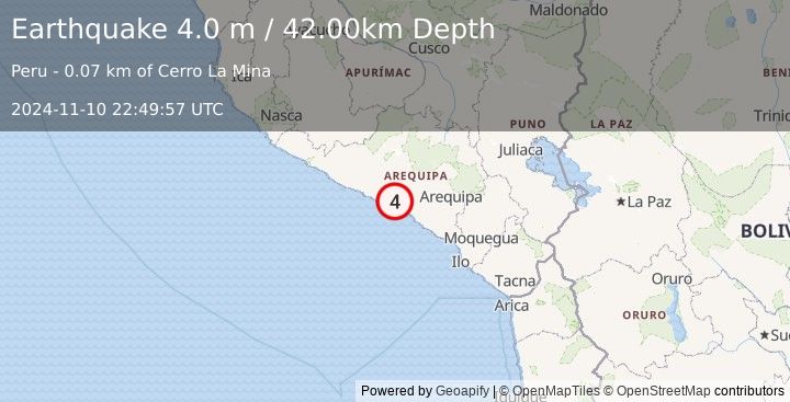 Earthquake NEAR COAST OF SOUTHERN PERU (4.0 m) (2024-11-10 22:49:57 UTC)