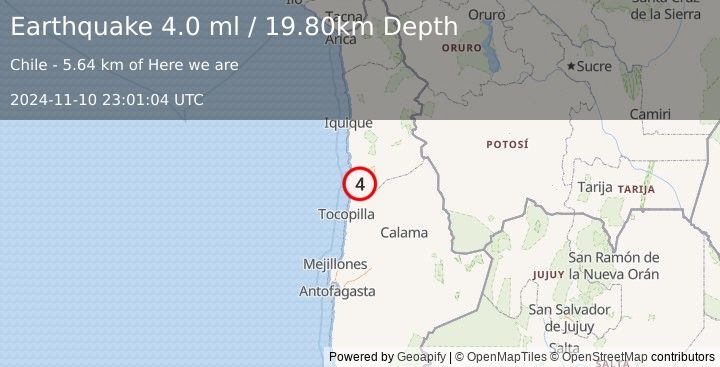 Earthquake ANTOFAGASTA, CHILE (4.0 ml) (2024-11-10 23:01:04 UTC)