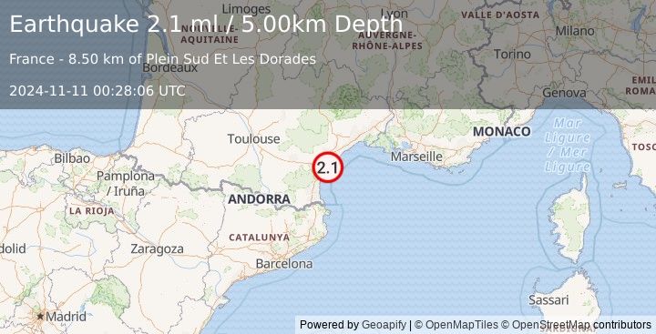 Earthquake NEAR SOUTH COAST OF FRANCE (2.1 ml) (2024-11-11 00:28:06 UTC)