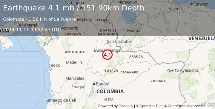 Earthquake NORTHERN COLOMBIA (4.1 mb) (2024-11-11 00:52:43 UTC)