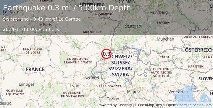 Earthquake SWITZERLAND (0.3 ml) (2024-11-11 00:54:50 UTC)