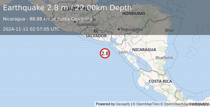 Earthquake OFFSHORE EL SALVADOR (2.8 m) (2024-11-11 02:57:05 UTC)