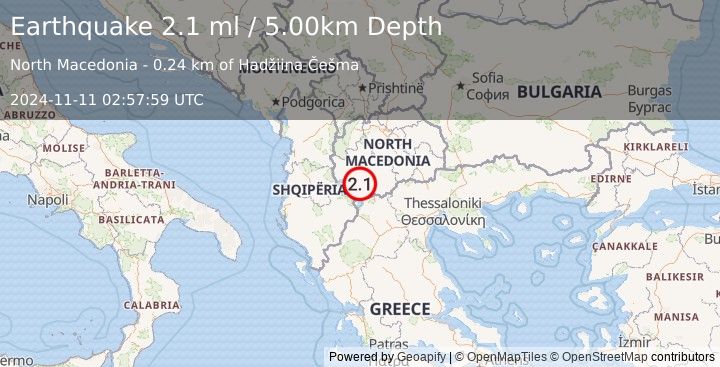 Earthquake REPUBLIC OF NORTH MACEDONIA (2.1 ml) (2024-11-11 02:57:59 UTC)