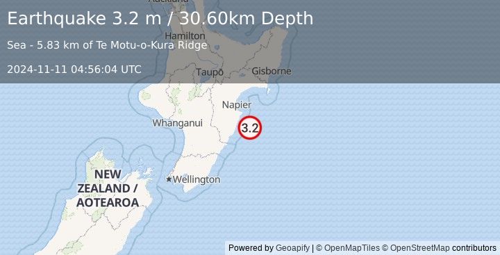 Earthquake OFF E. COAST OF N. ISLAND, N.Z. (3.2 m) (2024-11-11 04:56:04 UTC)