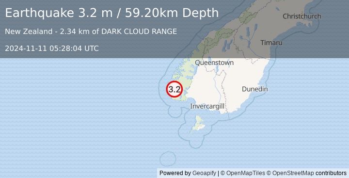 Earthquake OFF W. COAST OF S. ISLAND, N.Z. (3.2 m) (2024-11-11 05:28:04 UTC)