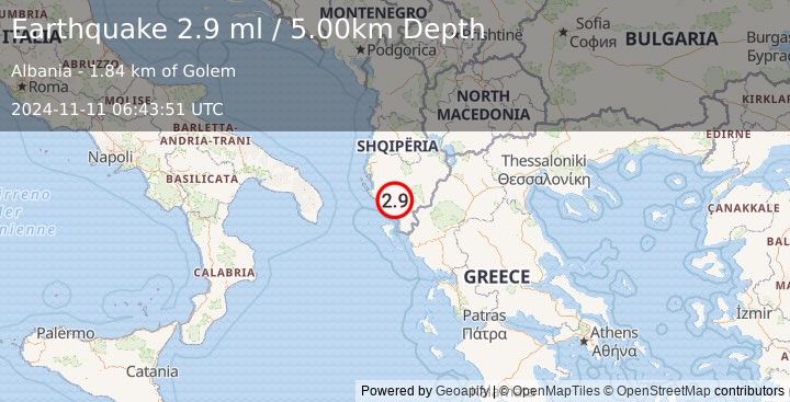 Earthquake ALBANIA (2.9 ml) (2024-11-11 06:43:51 UTC)