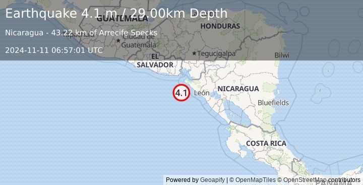 Earthquake NEAR COAST OF NICARAGUA (4.1 m) (2024-11-11 06:57:01 UTC)