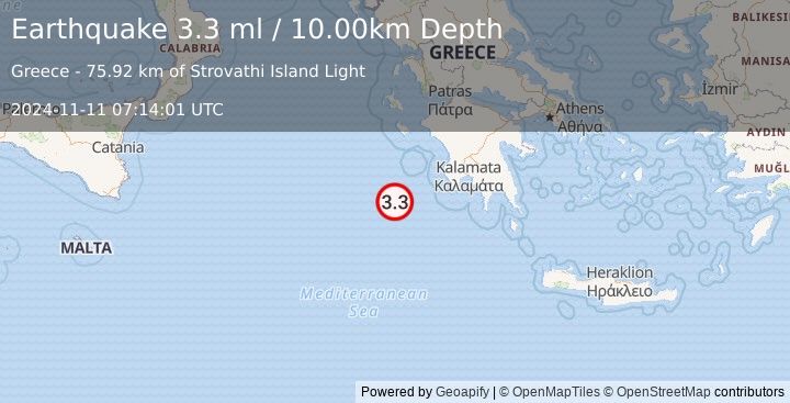 Earthquake CENTRAL MEDITERRANEAN SEA (3.3 ml) (2024-11-11 07:14:01 UTC)