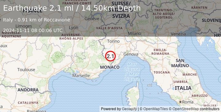 Earthquake NORTHERN ITALY (2.1 ml) (2024-11-11 08:00:06 UTC)