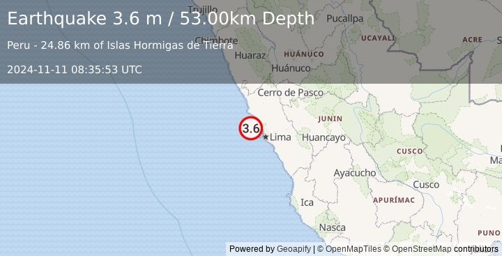 Earthquake NEAR COAST OF CENTRAL PERU (3.6 m) (2024-11-11 08:35:53 UTC)