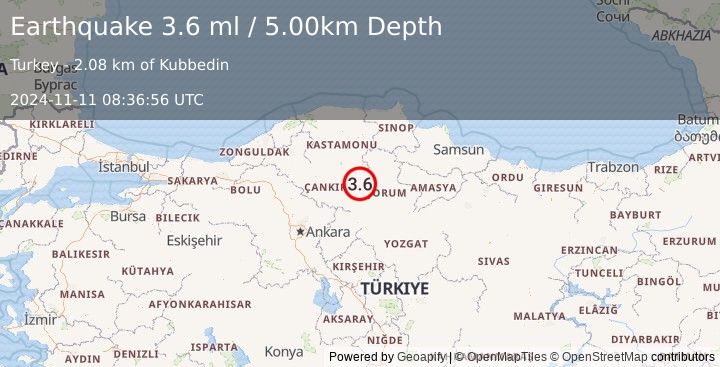 Earthquake CENTRAL TURKEY (3.6 ml) (2024-11-11 08:36:56 UTC)