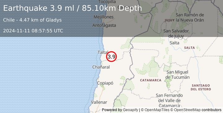 Earthquake ANTOFAGASTA, CHILE (3.9 ml) (2024-11-11 08:57:55 UTC)