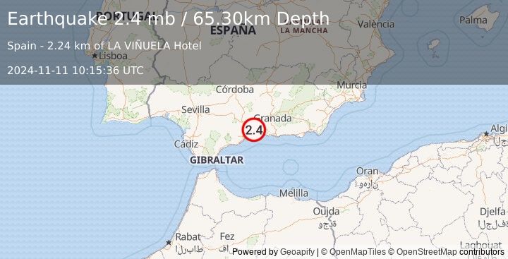 Earthquake STRAIT OF GIBRALTAR (2.4 mb) (2024-11-11 10:15:36 UTC)