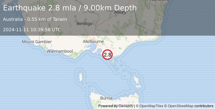 Earthquake NEAR S.E. COAST OF AUSTRALIA (2.8 mla) (2024-11-11 10:39:56 UTC)