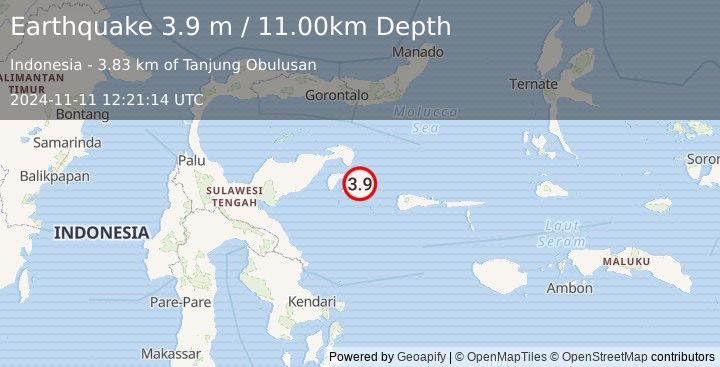 Earthquake SULAWESI, INDONESIA (3.9 m) (2024-11-11 12:21:14 UTC)