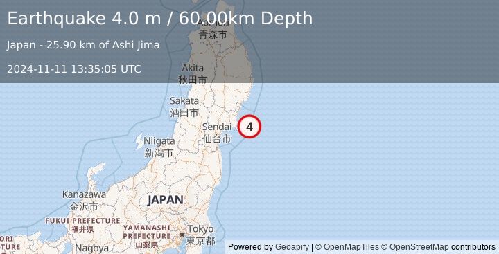 Earthquake NEAR EAST COAST OF HONSHU, JAPAN (4.0 m) (2024-11-11 13:35:05 UTC)