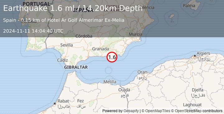 Earthquake STRAIT OF GIBRALTAR (1.6 ml) (2024-11-11 14:04:40 UTC)