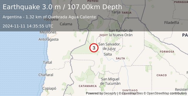 Earthquake SALTA, ARGENTINA (3.0 m) (2024-11-11 14:35:55 UTC)