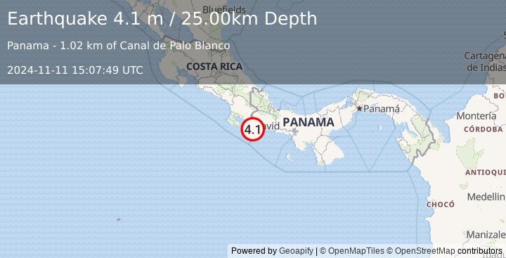 Earthquake PANAMA-COSTA RICA BORDER REGION (4.1 m) (2024-11-11 15:07:49 UTC)