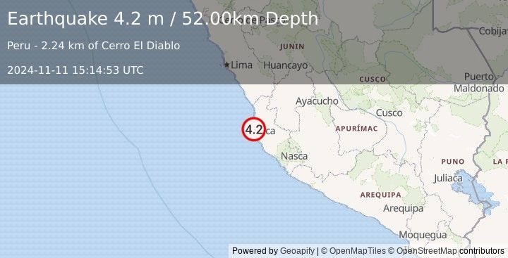 Earthquake NEAR COAST OF CENTRAL PERU (4.2 m) (2024-11-11 15:14:53 UTC)