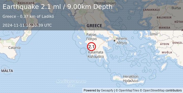 Earthquake SOUTHERN GREECE (2.1 ml) (2024-11-11 16:20:39 UTC)