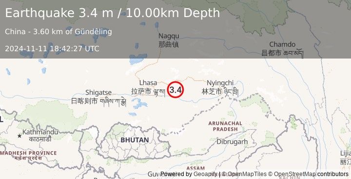 Earthquake EASTERN XIZANG (3.4 m) (2024-11-11 18:42:27 UTC)