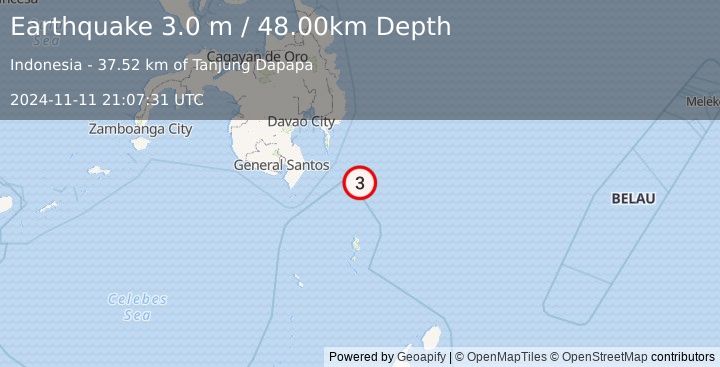 Earthquake MINDANAO, PHILIPPINES (3.0 m) (2024-11-11 21:07:31 UTC)