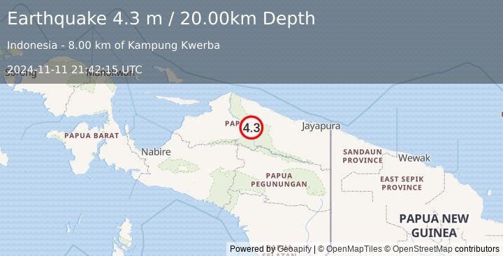 Earthquake PAPUA, INDONESIA (4.3 m) (2024-11-11 21:42:15 UTC)