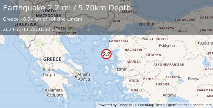 Earthquake NEAR THE COAST OF WESTERN TURKEY (2.2 ml) (2024-11-11 22:01:50 UTC)