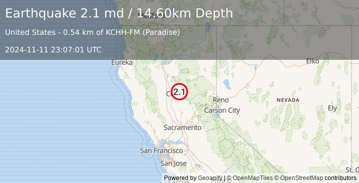 Earthquake NORTHERN CALIFORNIA (2.1 md) (2024-11-11 23:07:01 UTC)