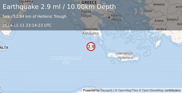 Earthquake CENTRAL MEDITERRANEAN SEA (2.9 ml) (2024-11-11 23:14:23 UTC)