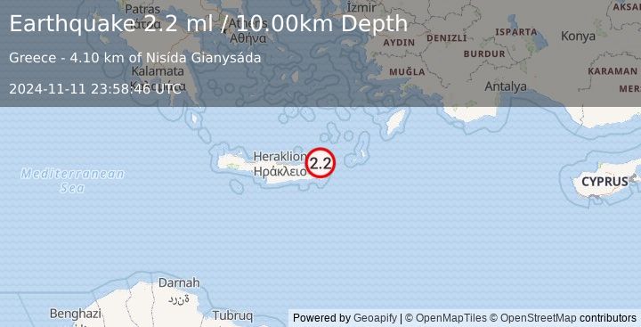 Earthquake CRETE, GREECE (2.2 ml) (2024-11-11 23:58:46 UTC)