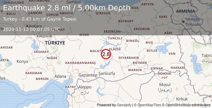 Earthquake EASTERN TURKEY (2.8 ml) (2024-11-12 00:07:05 UTC)