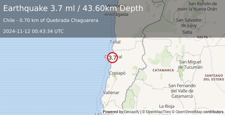 Earthquake ATACAMA, CHILE (3.7 ml) (2024-11-12 00:43:34 UTC)