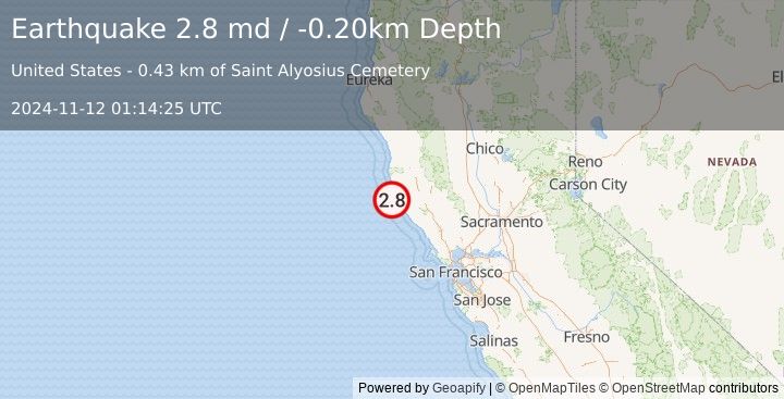 Earthquake NORTHERN CALIFORNIA (2.8 md) (2024-11-12 01:14:25 UTC)