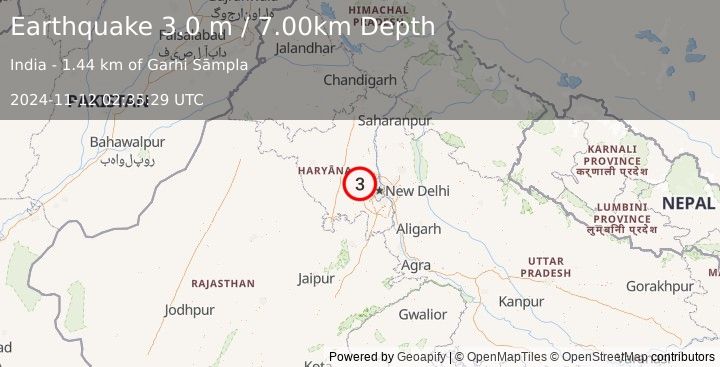 Earthquake HARYANA - DELHI REGION, INDIA (3.0 m) (2024-11-12 02:35:29 UTC)