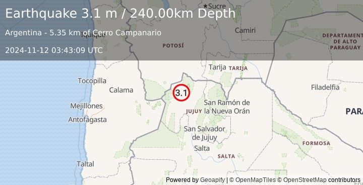 Earthquake JUJUY, ARGENTINA (3.1 m) (2024-11-12 03:43:09 UTC)