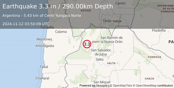 Earthquake JUJUY, ARGENTINA (3.3 m) (2024-11-12 03:50:09 UTC)