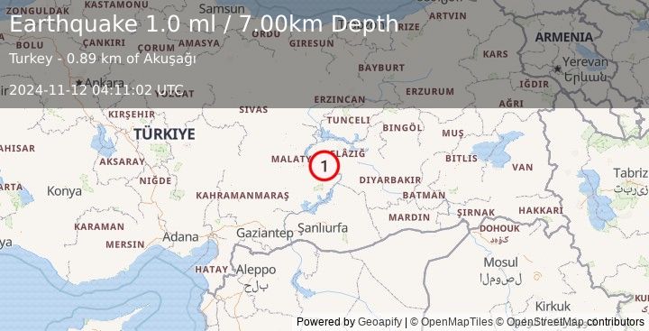 Earthquake EASTERN TURKEY (1.0 ml) (2024-11-12 04:11:02 UTC)