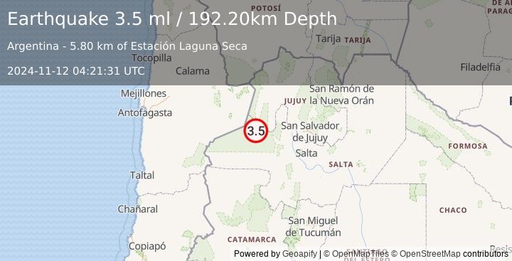 Earthquake SALTA, ARGENTINA (3.5 ml) (2024-11-12 04:21:31 UTC)