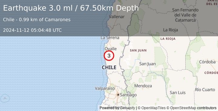 Earthquake COQUIMBO, CHILE (3.0 ml) (2024-11-12 05:04:48 UTC)