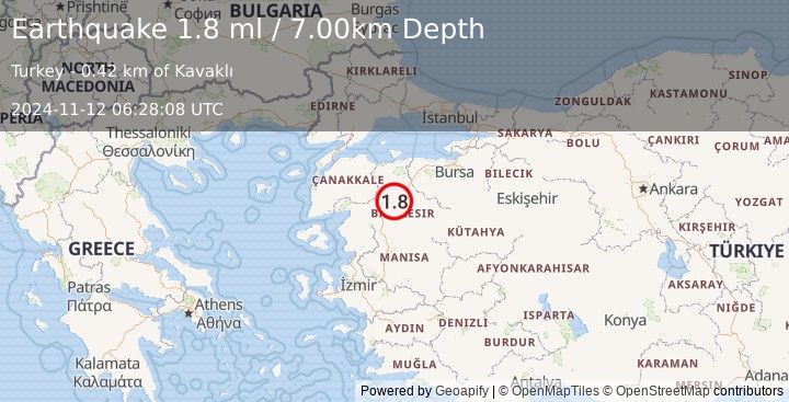 Earthquake WESTERN TURKEY (1.8 ml) (2024-11-12 06:28:08 UTC)