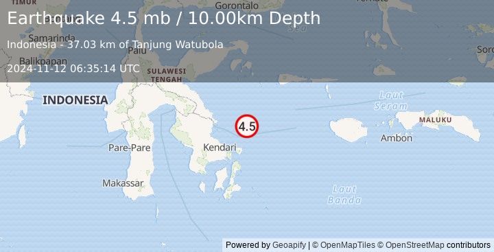 Earthquake SULAWESI, INDONESIA (4.5 mb) (2024-11-12 06:35:14 UTC)