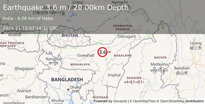 Earthquake ASSAM, INDIA (3.6 m) (2024-11-12 07:14:31 UTC)