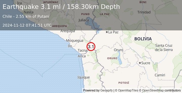 Earthquake TARAPACA, CHILE (3.1 ml) (2024-11-12 07:41:51 UTC)