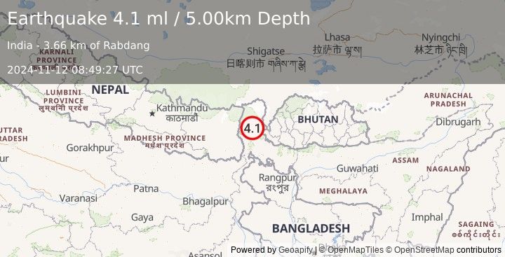 Earthquake SIKKIM, INDIA (4.1 ml) (2024-11-12 08:49:27 UTC)