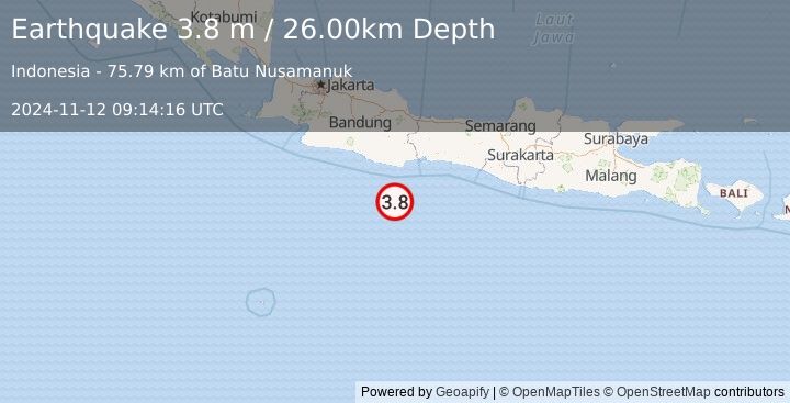 Earthquake JAVA, INDONESIA (3.8 m) (2024-11-12 09:14:16 UTC)