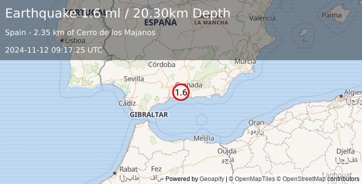 Earthquake STRAIT OF GIBRALTAR (1.6 ml) (2024-11-12 09:17:25 UTC)