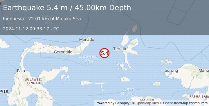 Earthquake MOLUCCA SEA (5.4 m) (2024-11-12 09:33:17 UTC)