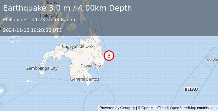 Earthquake MINDANAO, PHILIPPINES (3.0 m) (2024-11-12 10:28:36 UTC)